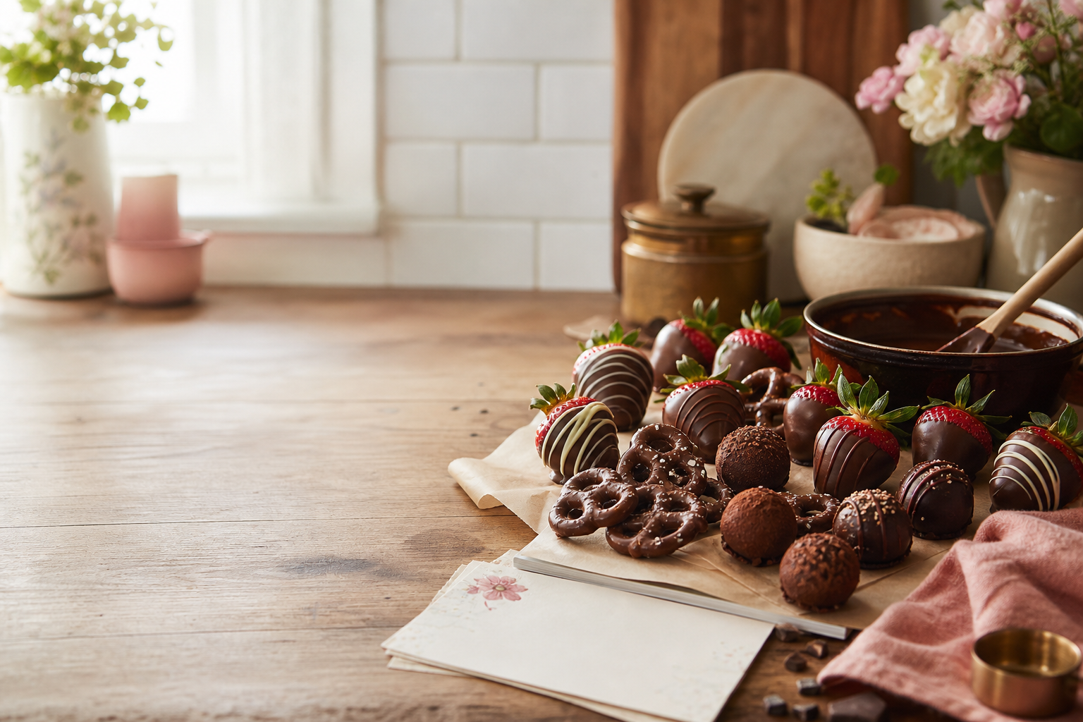 Chocolate dipped treats on a home kitchen counter
