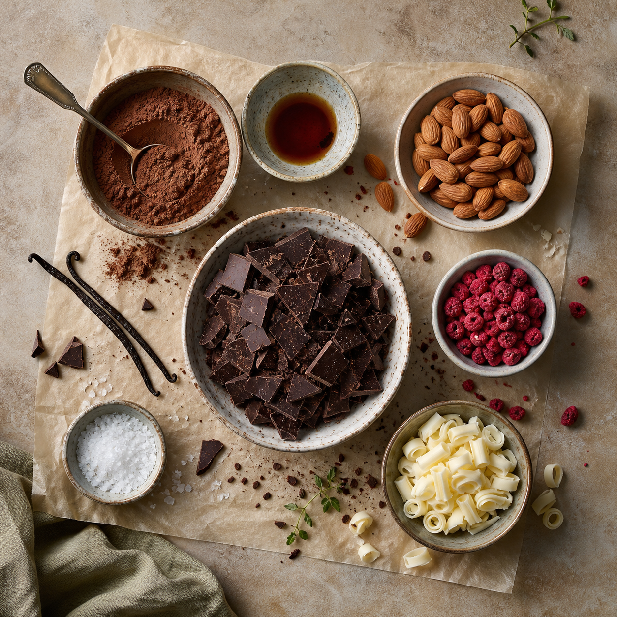 Bowls of chocolate ingredients arranged on parchment